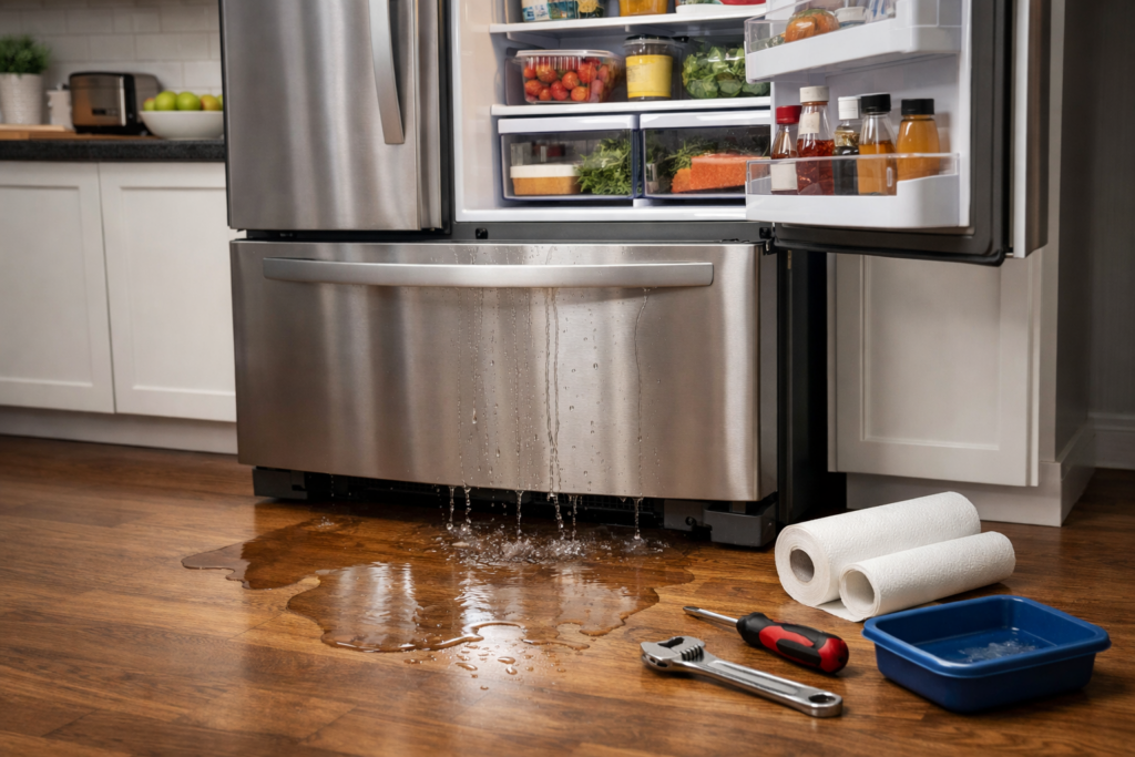 Frigorifero che perde acqua sul pavimento della cucina