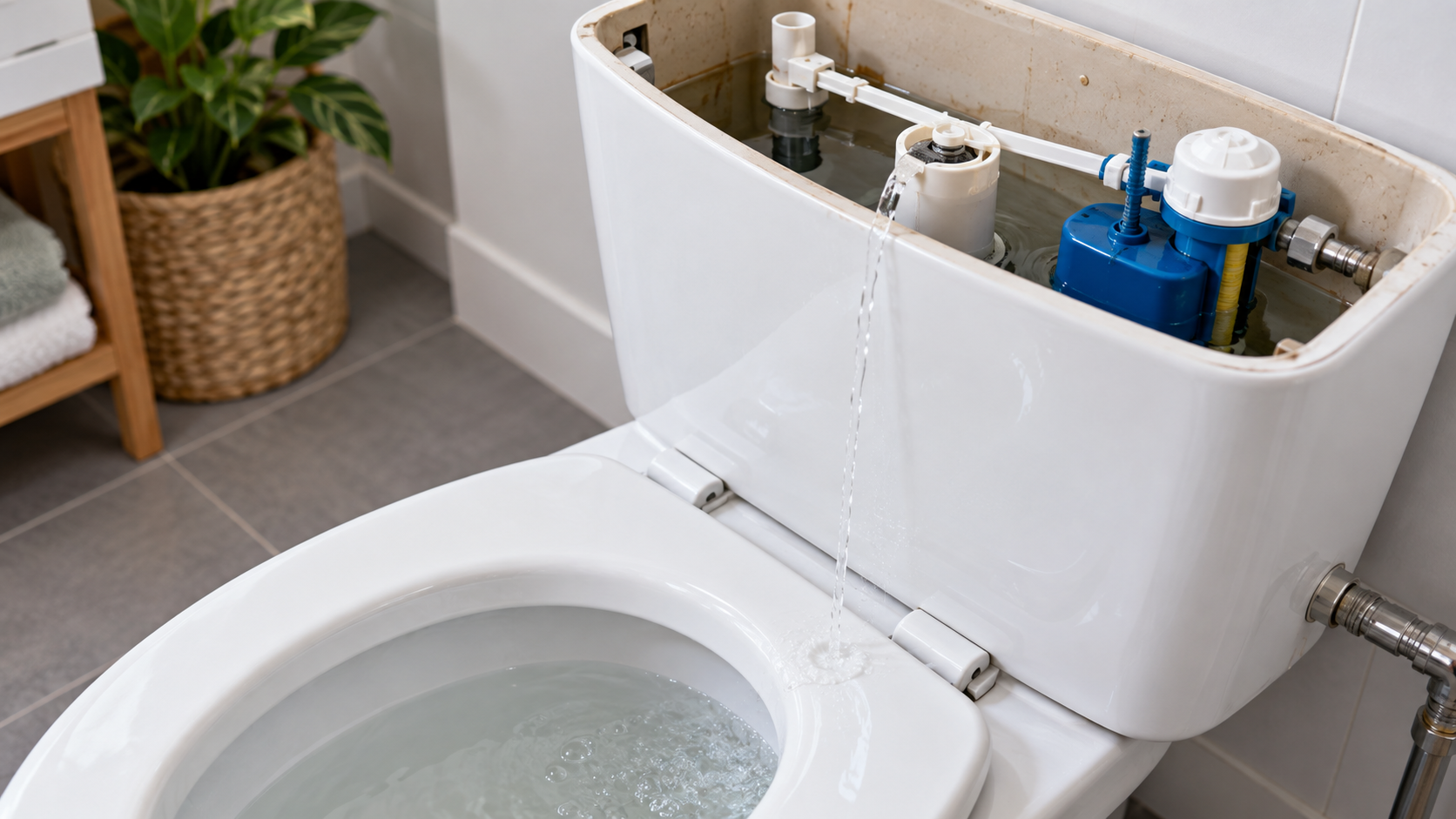 Acqua che continua a scorrere nel WC durante il controllo di una cassetta a incasso